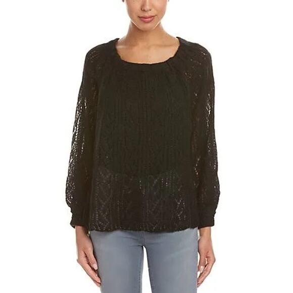 Free People Lights Will Shine Black Pullover Macrame Acrylic Wool Sweater M - Picture 3 of 9